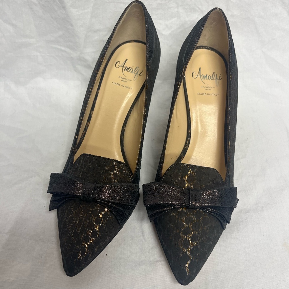 Amalfi by Rangoni Black and Bronze Kitten Heels with Bow made in Italy 7.5